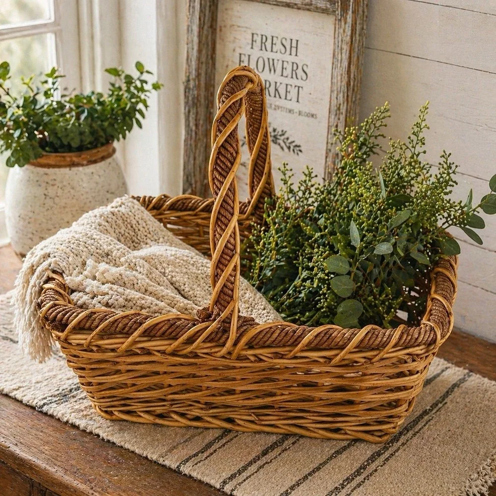 VTG Wicker Gathering Basket Large Twisted Handle Rustic Farmhouse Decor Storage